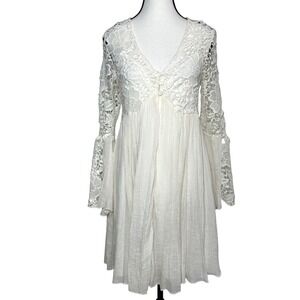 Rebellion Lace Crochet Boho Tunic Dress S Empire Waist Bell Sleeve Peasant Flowy